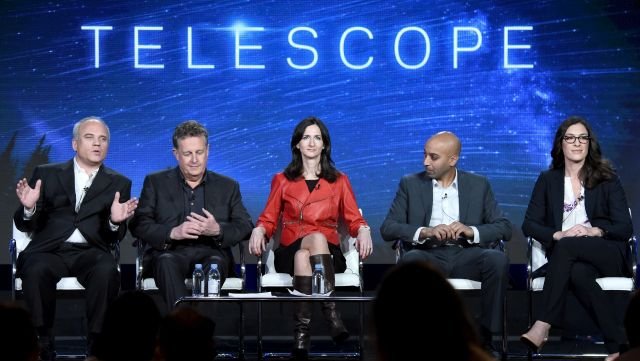 PASADENA, CA - JANUARY 07: (L-R) Director Nathaniel Kahn, President, Association of Universities for Research in Astronomy (AURA), Dr. Matt Mountain, Professor, Planetary Science & Physics, Massachusetts Institute of Technology, Sara Seager, Astrophysicist/Space Telescope Science Institute, Dr. Jason Kalirai and Director, Special Assignment, Northrup Grumman Aerospace Systems, Dr. Blake Bullock of "Telescope" speak onstage during the Discovery Communications TCA Winter 2016 at The Langham Huntington Hotel and Spa on January 7, 2016 in Pasadena, California. (Photo by Amanda Edwards/Getty Images for Discovery Communications) *** Local Caption *** Nathaniel Kahn;Matt Mountain;Sara Seager;Jason Kalirai;Blake Bullock