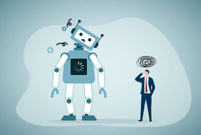 Broken robot. System malfunction, broken assistant, short circuit.