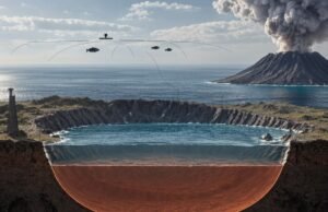 Пресек на морското дно и калдерата Кикај, со подземен магматски резервоар и шематски сеизмички бранови.