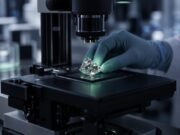 Истражувач приспособува микроскоп над дијамантски примерок во лабораторија.