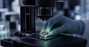Истражувач приспособува микроскоп над дијамантски примерок во лабораторија.