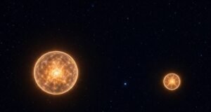 Уметничка претстава на две ѕвезди во темна вселена, со малечка светлосна точка во близина на едната.