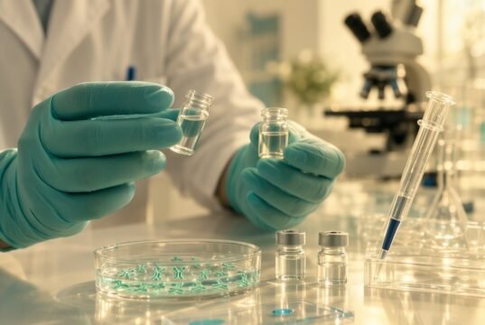 Ракавици внимателно споредуваат лабораториски реагенси покрај примерок од ткиво и микроскопско стакленце.