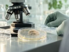 Културна плоча со бледа габична колонија покрај микроскоп во лабораторија.