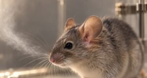 Глушец во профил со мустаќи допрени од благ воздушен млаз во мирна лабораториска средина.